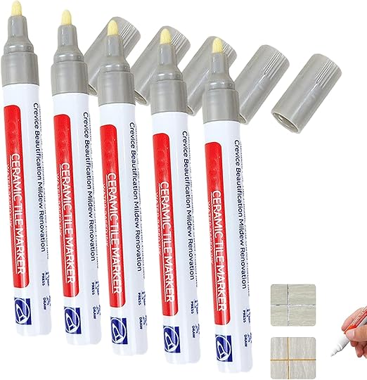Waterproof Floor Ceramic Tile Marker,Grout Pen White Tile Paint Marker,No Faded for Home Ceramic Tile Marker Off-White,Restore Grout Lines Paint in Bathrooms & Kitchens (Silver*5pcs)