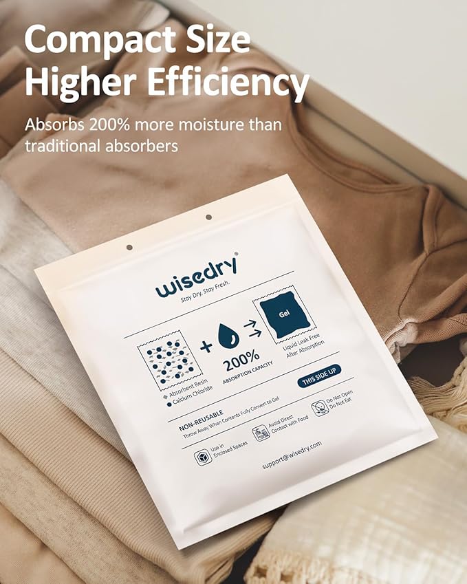 Wisedry Moisture Absorbers 100G (Pack of 10), 100% Leakproof Dehumidifier Bags, Fragrance-Free Disposable Humidity Absorbers for Closet, Basement, Home
