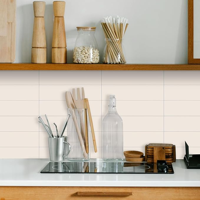 24-Pieces Peel and Stick Tiles for Kitchen Backsplash, New Upgrade Design 12" x 3"SPC Subway Backsplash Tiles, Cream Beige Premium Finger Tiles (White).