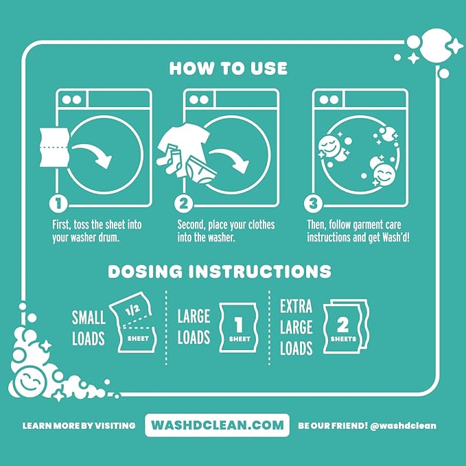 Wash'd Laundry Detergent Sheets - 40 Loads - Non Toxic Stain Fighting Enzymes - Plastic Free Travel Friendly Drawer Box - Sea Breeze
