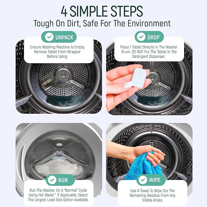 Natural Heavy Duty Washing Machine Cleaner Tablets - Plant Based & Eco Friendly Alternative Refill Laundry Tub Cleaning Tabs For Top Load or Front Loader - 24 Pack Pods For Clean & Fresh Washer