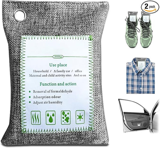 2 Bags Natural Air Purifying Bag | Bamboo Charcoal Odor Absorber for Home & Car | Closet Odor Eliminator, Small Room Deodorizer & Car Air Freshener | Charcoal Bags (200g gray2, Unscented)