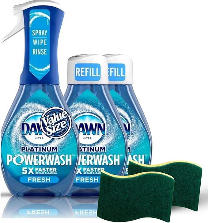MOOCHI Dawn, Platinum Powerwash Dish Spray Starter Kit + 2 Refills & 2 Scrub Sponges, Fresh Scent, Value Size Custom Bundled