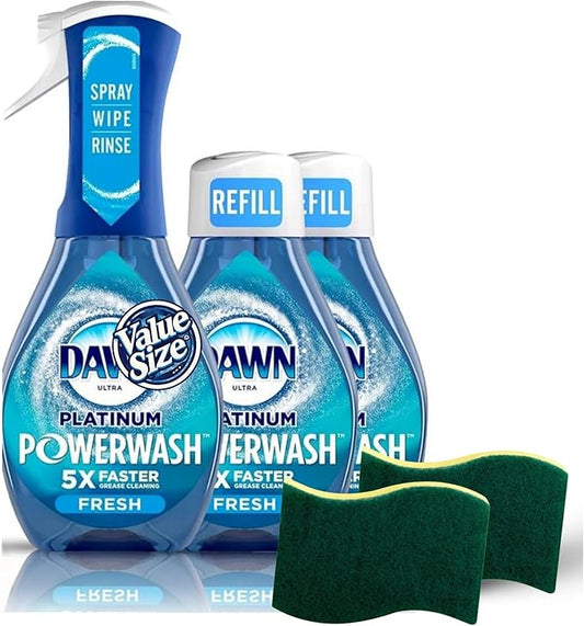 MOOCHI Dawn, Platinum Powerwash Dish Spray Starter Kit + 2 Refills & 2 Scrub Sponges, Fresh Scent, Value Size Custom Bundled