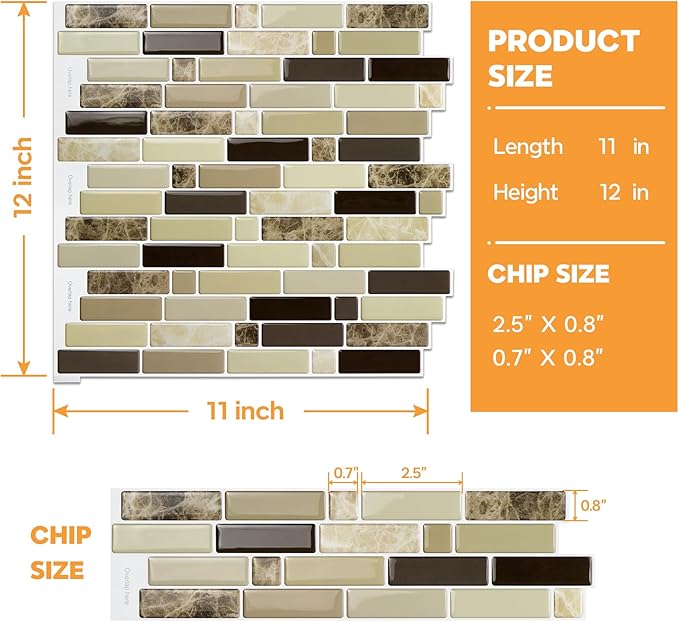 Vamos Tile 12" x 12" Peel and Stick Self Adhesive Kitchen Backsplash, Stick On Tile Backsplash for Kitchen & Bathroom(10 Sheets)