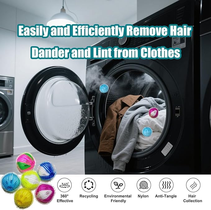 Lint Remover Balls for Laundry, 6-Pack Nylon Laundry Balls - Prevent Tangling, Collect Hair & Lint, Reusable Washing Machine Helper (6 Colors Mixed)