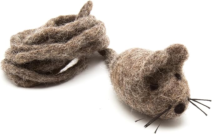 Glaciart One Felt Mouse Cat Toy – Soft Fuzzy Enrichment 100% Natural Wool - Interactive Catnip Play Cat Toy Set - Safe for Pets, Non-AZO Colored Dyes - 42” Long