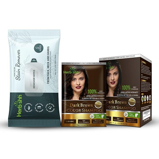 Herbishh Hair Color Shampoo for Gray Hair Dark Brown + Hair Color Stain Remover Wipes - Travel Pack With 5 Wipes
