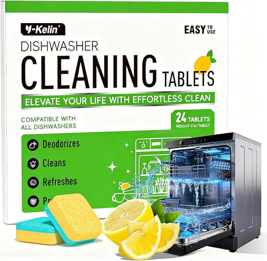 Dishwasher Cleaner and Deodorizer Tablets, Dishwasher Cleaning Tablets 24 Pack - Helps Remove Limescale & Odor, Prevents Buildup in Pipes, Safe for All Dishwashers, Lemon Scent - 12 Month Supply
