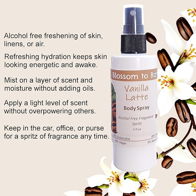 Blossom to Bath Vanilla Latte Body Spray (4 Ounce) - Phthalate Free Fragrance - Energizes Skin with a Deep Vanilla Scent