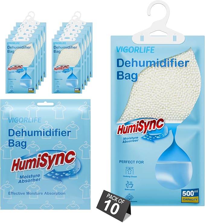 Moisture Absorbers, Hanging Closet Dehumidifier Bags 9.8 OZ, Portable Dehumidifiers for Wardrobes, Bathrooms & Bedrooms, Humidity Packs Attract Excess Moisture, Desiccant 10 Pack (Blue)