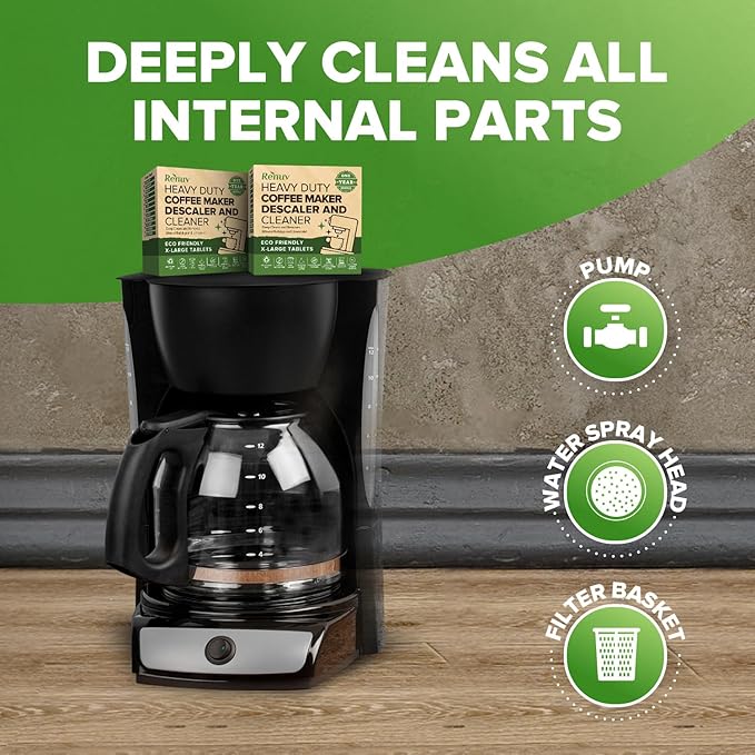 Renuv® Coffee Maker Cleaner & Descaler Tablets, 12 Uses for Keurig, Ninja, Breville, Delonghi, Nespresso, Miele, Jura, Mr Coffee, Cuisinart Descaling Solution for Coffee Pot Maker & Espresso Machines