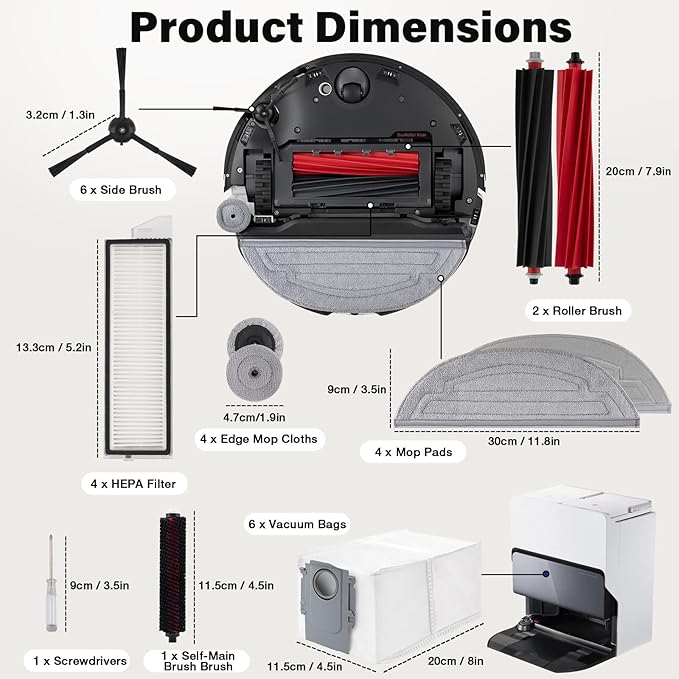 Accessories Kit for roborock S8 MaxV Ultra Robot Vacuum, 2 Main Brushes, 6 Dust Bags, 4 Mop Cloths, 4 Edge Mop Cloths, 4 Filters, 6 Side Brushes, 1 Self-Main Brush, 1 Cleaning Brush, 1 Screwdriver