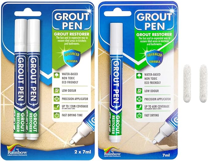 Grout Pen Tile Paint Marker: White 1 Pack and 2 Pack with Extra Tips (Narrow, 5mm) - Waterproof Grout Colorant and Sealer Pen to Renew, Repair, and Refresh Tile Grout - Cleaner Floor Pens