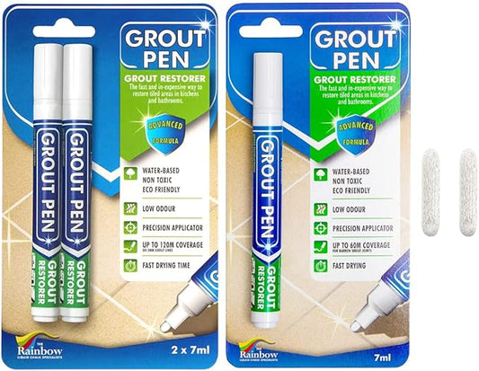 Grout Pen Tile Paint Marker: White 1 Pack and 2 Pack with Extra Tips (Narrow, 5mm) - Waterproof Grout Colorant and Sealer Pen to Renew, Repair, and Refresh Tile Grout - Cleaner Floor Pens