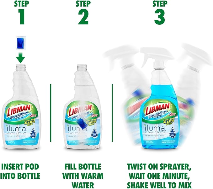 Libman Iluma Glass & Mirror Cleaner | Household Cleaning Products | Cleaning Supplies | Refillable Bottle | Glass Cleaner Spray | 24 fl oz Window Cleaner | 5 Total Concentrated Dissolvable Pods
