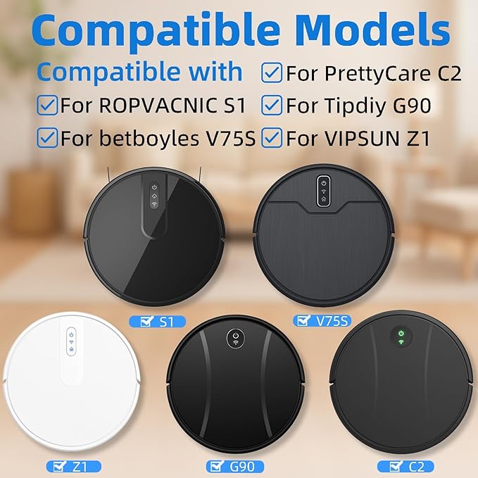 Accessories Kit for ROPVACNIC S1, for Tipdiy G90, for betboyles V75S, for VIPSUN Z1, for PrettyCare C2 Robot Vacuum Replacement Parts, 4 Side Brush, 2 HEPA Filter, 2 Mop Pad