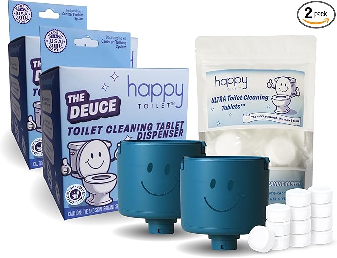 Happy Toilet Cleaner Deuce - Compatible with Kohler Toilets & Canister Flushing Systems - 2 Automatic Toilet Bowl Cleaner Toilet Tablet Holder & 12-Pack Ultra-Strength Cleaner Tablets