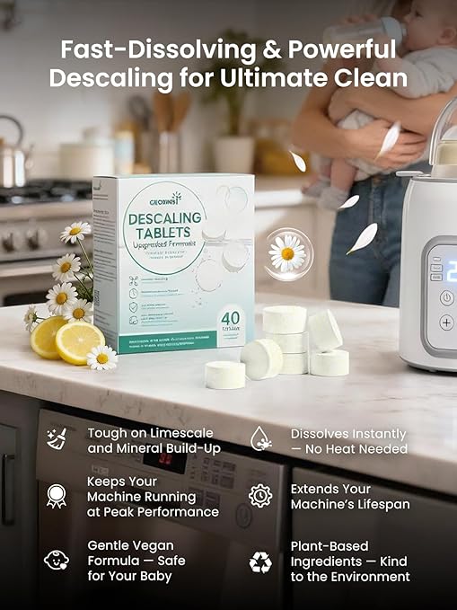 Descaling Tablets for Bottle Washer, Plant-Based Formula with Lemon & Chamomile, Sterilizer & Warmer, 40 Count, Descaler Limescale Remover, Removes Hard Water & Milk Residue