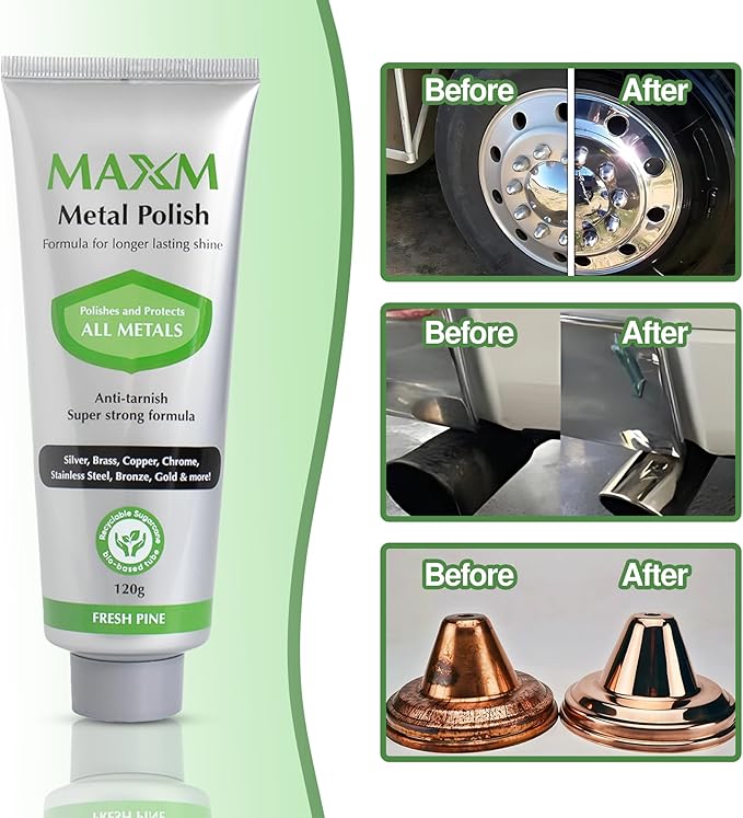 MAXM Metal Polish Paste for Stainless Steel Polish, Chrome Polish & Aluminum Polish – Rust Remover for Metal, Stainless Steel Scratch Remover, Polishing Compound Non-Toxic, Fresh Pine Scent, 4.2 oz