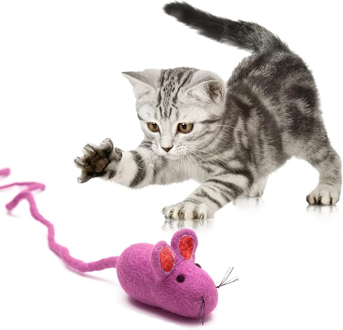 Glaciart One Felt Mouse Cat Toy – Soft Fuzzy Enrichment 100% Natural Wool - Interactive Catnip Play Cat Toy Set - Safe for Pets, Non-AZO Colored Dyes - 100” Long