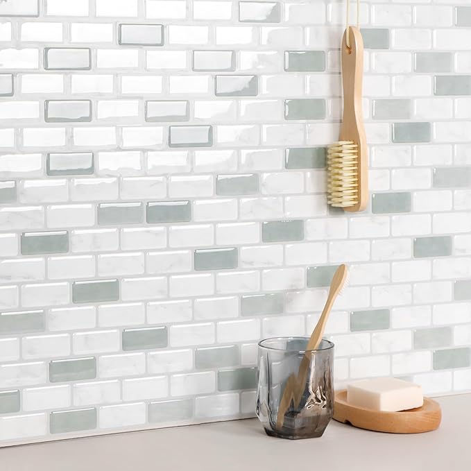 Peel and Stick Backsplash Tile, 10-Sheet Sage Green Self Adhesive Marble Tile, Stick on Backsplash for Kitchen and Bathroom, 12"x12" Wall Tiles with Marble Look