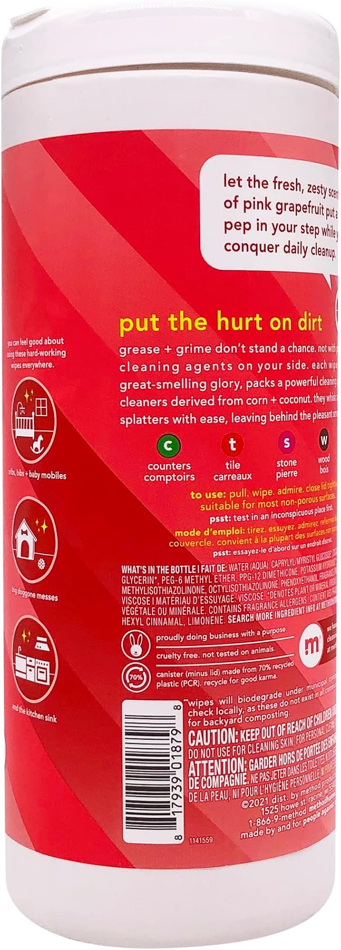 Method Pink Grapefruit All Purpose Cleaning Wipes, Multi-Surface, Compostable, 30 Count (Pack of 1)