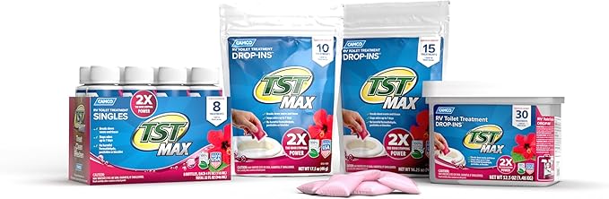 Camco TST MAX RV Toilet Treatment Drop-INs - Control Unwanted Odors & Break Down Waste and Tissue - Safe Septic Tank Treatment - Hibiscus Breeze Scent, 15-Pack (41600)
