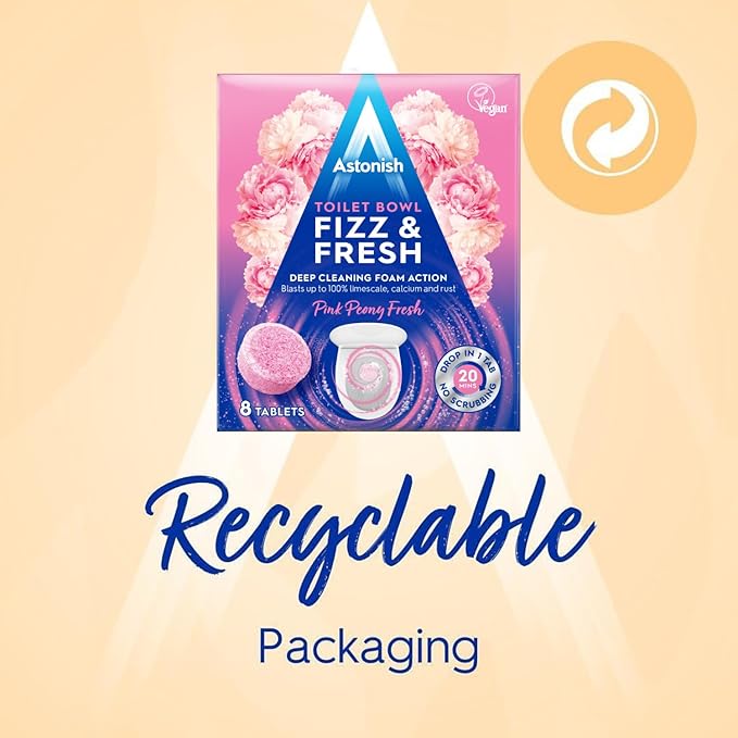 Astonish Foaming Pink Peony Toilet Bowl Cleaner - Deep Cleaning Limescale, Calcium & Rust - No Bottle, Removes Hard Stains - Box of 8 Tablets (3 Pack)