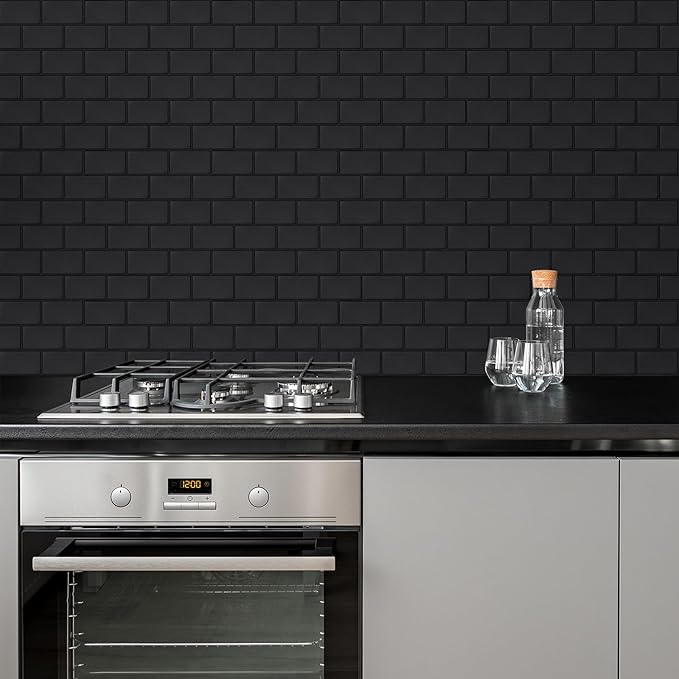 Matte Black Peel and Stick Wall Tiles for Kitchen, WalDecoo 10-Sheet Stick on Backsplash for Bathroom, Large Self-Adhesive Kitchen Backsplash（12''×12''） (Large Subway).