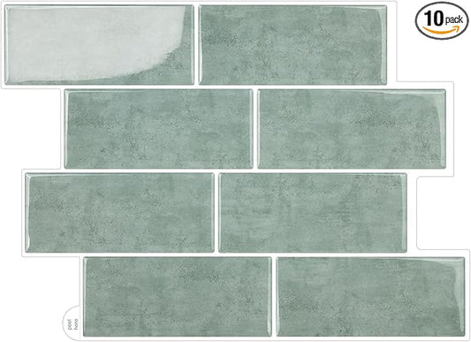 Subway Backsplash Tile Peel and Stick, Green Self Adhesive Tiles for Kitchen, 10 Sheets Stick on Backsplash for Kitchen and Bathroom(11.56x8.38)