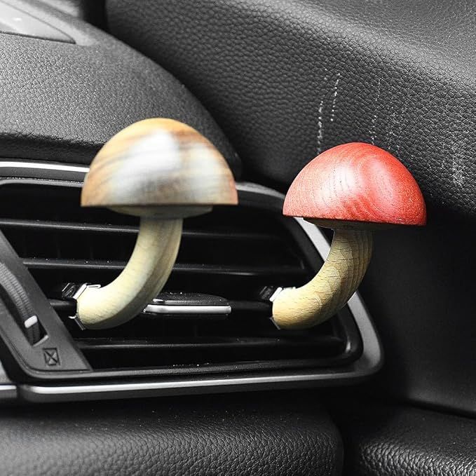 XhuangTech 2 Pack Wood Car Diffusers Vent Clips with Fragrance Pads, Car Air Diffuser Freshener Vent Clip, Natural Wood Air Conditioning Cute Auto Interior Accessories Mushroom Decoration for Cars