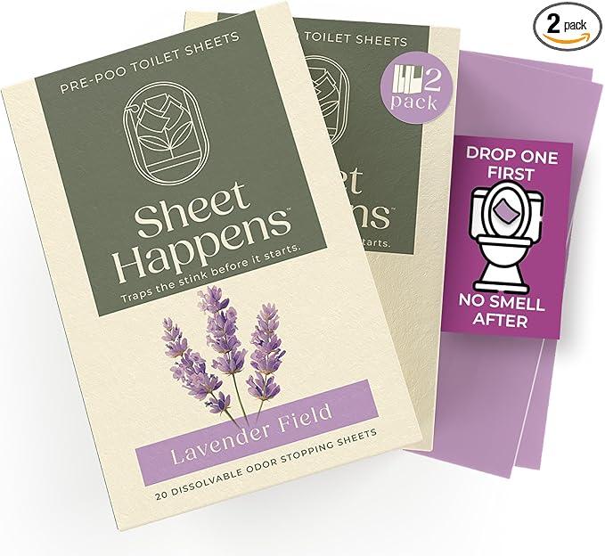 Sheet Happens Pre-Poo Toilet Sheets, Lavender Field Scent, 2 Pack, 40 Dissolvable Odor-Stopping Sheets, Toilet Spray Alternative That Removes Poop Odor Quietly, Septic Safe, Travel Essentials