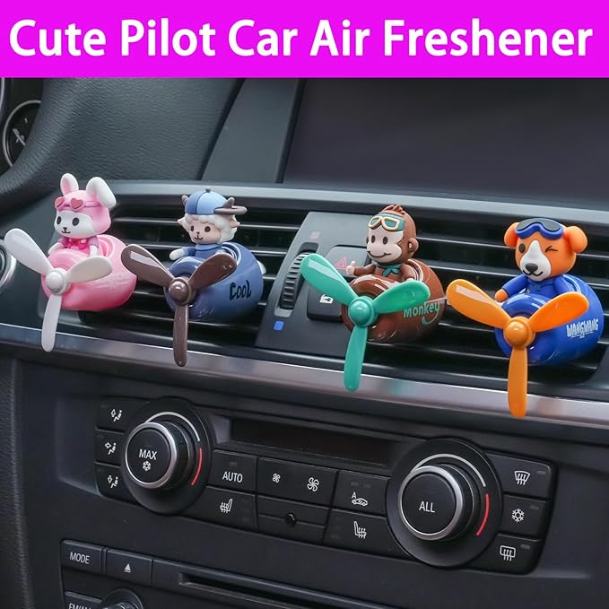 2 Pcs Pilot Car Air Fresheners, Cute Monkey Car Vent Clip Air Freshener with 8 Fragrant Tablets Automotive Air Outlet Fan Diffuser, Automotive Interiors Vent Decoration (Monkey+Tiger)