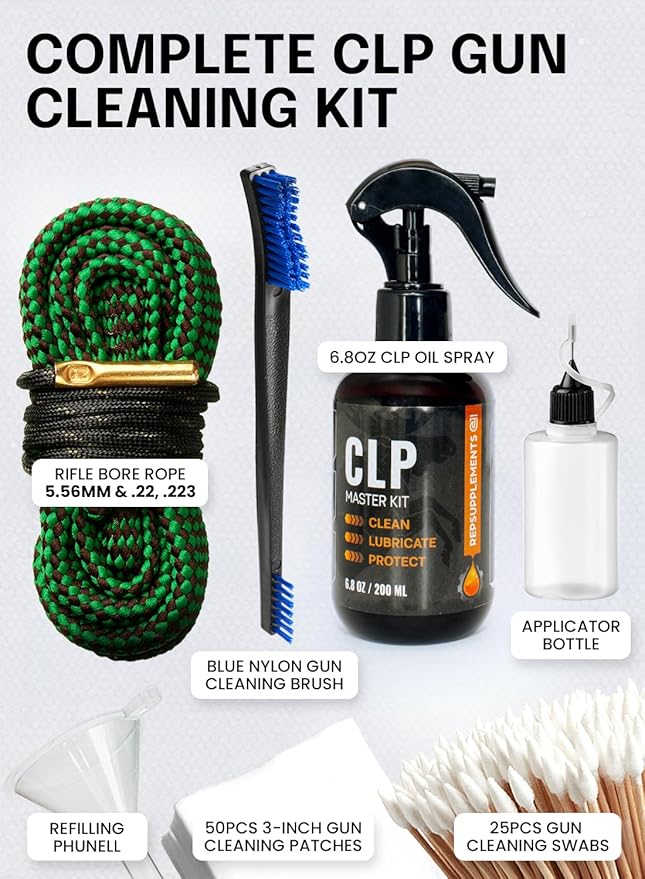 Gun Cleaning Oil Kit 3-in-1 Cleans, Lubes, Protects - 6.8 Oz Sprayer Gun Oil Cleaner and Lubricant, Needle Oiler, Cleaning Patches, Cleaning Swabs and Brush - Gun Oil and Cleaning Kit