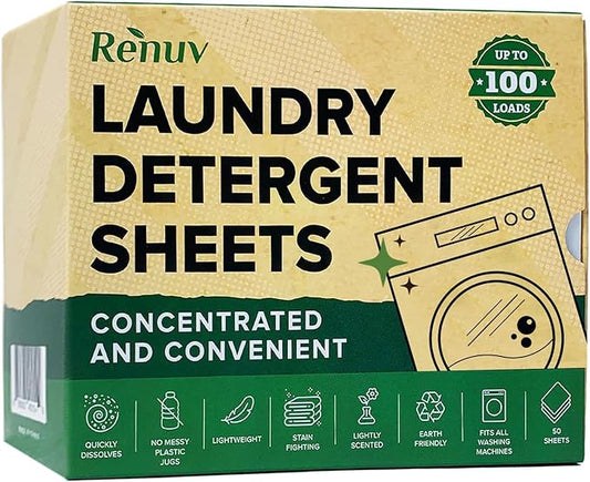 Renuv Laundry Detergent Sheets up to 100 Loads - Eco Friendly, Sustainable, Biodegradable & Liquidless Strips, 50 Sheets