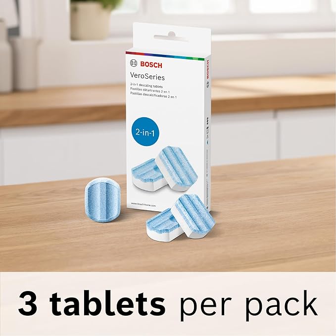 Bosch Descaling Tablets for VeroCafe Espresso Machines - 2-in-1 Descaler and Cleaner, Removes Limescale, Corrosion Buildup - Accessory for VeroCafe, 3 Tabs - TCZ8002US