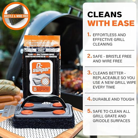 Proud Grill Q-Swiper BBQ Grill Cleaner Set - 1 Grill Brush with Scraper and 25 BBQ Grill Cleaning Wipes, Bristle-Free & Wire-Less, Safe Way to Remove Grease and Grime for A Clean and Healthy Grill