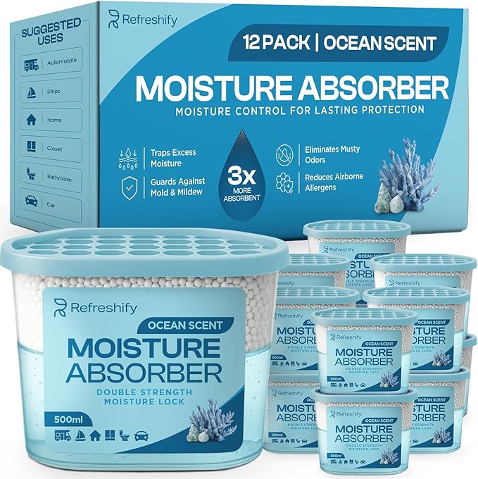 Premium Moisture Absorbers and Dehumidifier Tubs – High-Efficiency Closet Dehumidifier, Ocean Scent, 12 Pack, 7.5 Oz