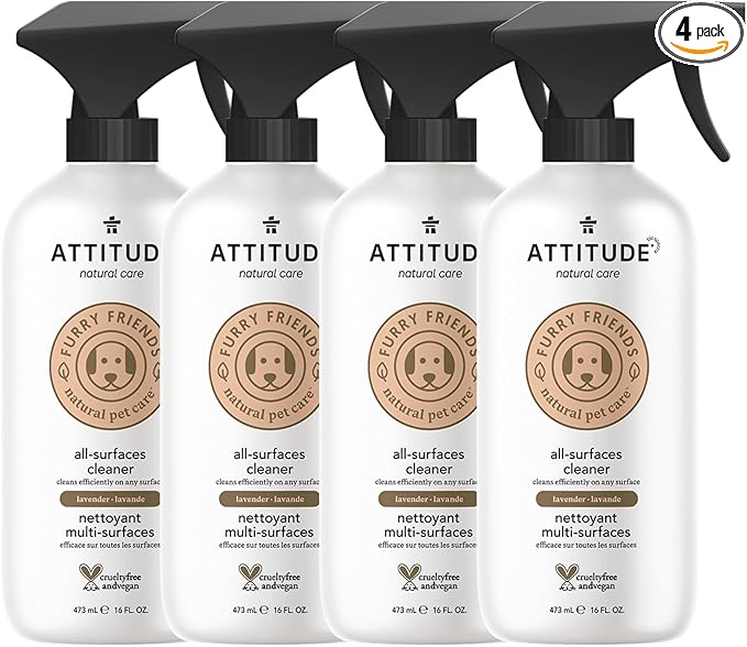 ATTITUDE All Surface Cleaner for Pets, Plant and Mineral-Based Ingredients, Vegan and Cruelty-free, Lavender, 16 Fl Oz (Pack of 4)
