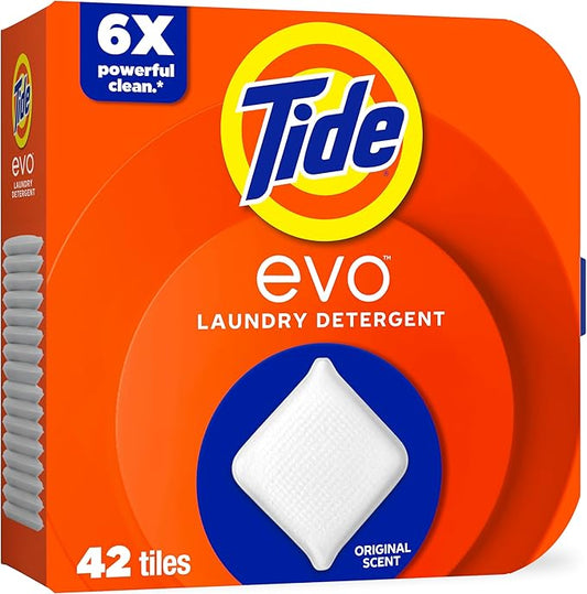 Tide evo Original Scent Laundry Detergent Fiber Tiles Works on 100% of Common Stains Safe for All Machines and Water Conditions Concentrated HE Compatible Clean and Instant Dissolve, 42 Count