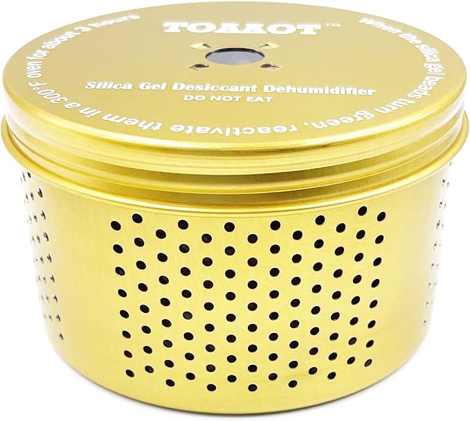 Gun Safe Dehumidifier 200g - Small Silica Gel Desiccant Canister, Moisture Absorber for Gun Cabinets & Safes, Protect 27 Cubic Feet, Gold, Aluminum Shell