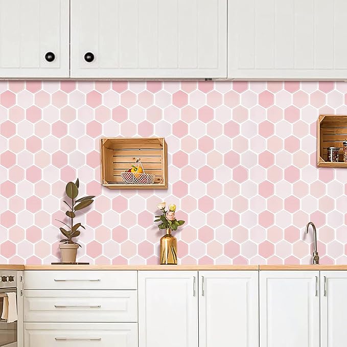 Hexagon Tiles Peel and Stick Backsplash for Kitchen, 10-Sheet Stick on Tiles Kitchen Backsplash, Pink 3D Peel and Stick Wall Tile（12''×12''）