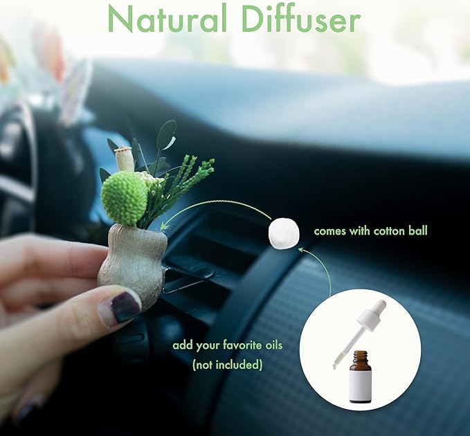 Mini Dried Flowers Car Vent Clips, Natural Car Air Freshener Non-Toxic, Cute Dashboard Decorations, Gifts for Plant Lovers (A+C, Unscented)