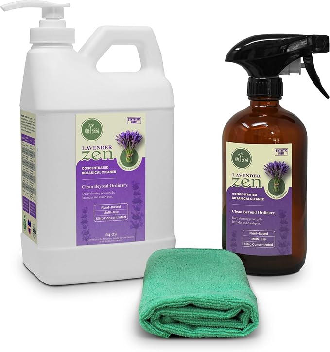 Naeterra Lavender Zen All-Purpose Cleaning Concentrate Kit – 64 oz Jug Makes 24 Gallons | Includes 16 oz Amber Glass Spray Bottle | Plant-Based, Essential Oil Scented, EWG Green-Rated Ingredients