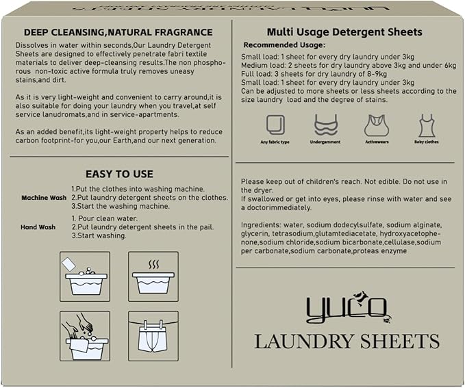 YUCO Laundry Detergent Sheets 160 Loads, Plastic Free Sheet No Plastic Jug Concentrated Eco Sheets Laundry Detergent Hypoallergenic Amber Sandalwood Scent Pack of 2