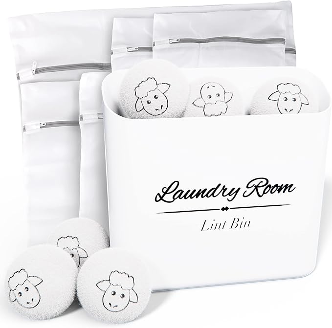 ALBEN Bundle: Magnetic Lint Bin for Laundry Room, Wool Dryer Balls, and Mesh Garment Bags - The Ultimate Lint Container for Laundry Room and More (Farmhouse White)