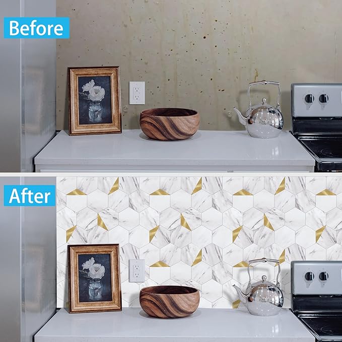 Peel and Stick Backsplash for Kitchen,New Upgrade Premium Hexagon Peel and Stick Backsplash, Seamless Backsplash Tile for Bathroom,（10-Sheet Carrara White Marble and Metal Gold）