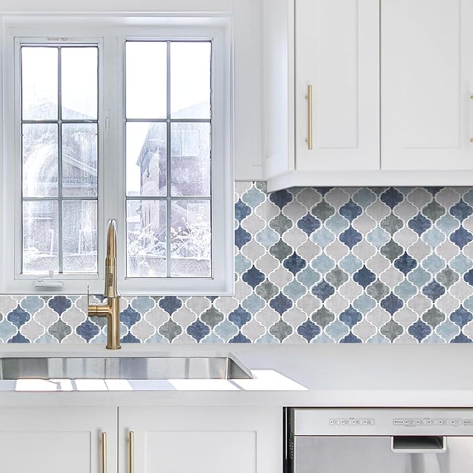 Arabesque Peel and Stick Backsplash for Kitchen, Thicker Design 3D Self Adhesive Wall Tile, 12"x12" Peel and Stick Wall Tiles, 10-Sheet Stick on Tiles for Kitchen and Bathroom (Mix Blue).