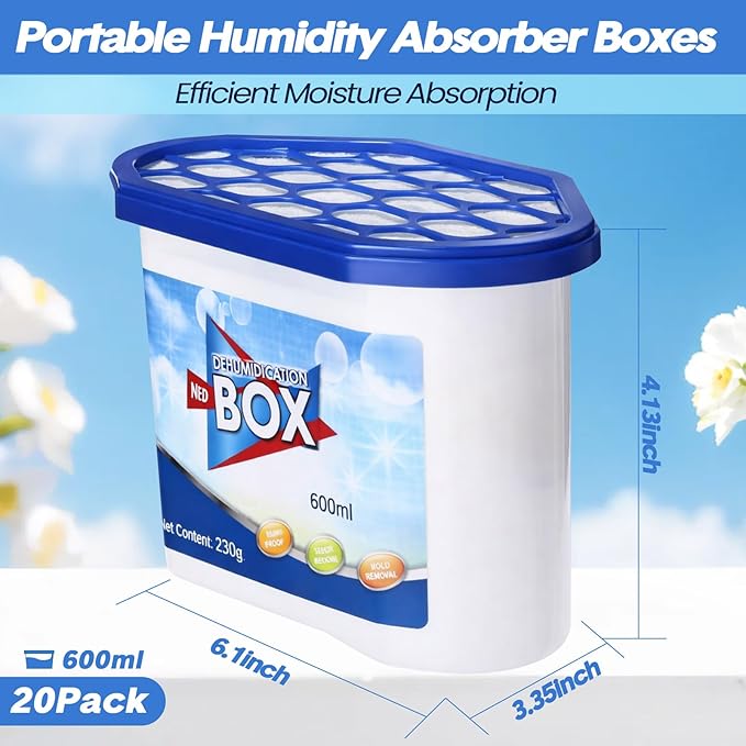 LemonRoad 20 Pack Moisture Absorbers 20 oz 600 ml Humidity Absorber Boxes Portable Compact Dehumidifier for Closet Bathroom Car Boats Kitchen Basement Odor Remover, 4.1 x 6.1 x 3.3 Inch